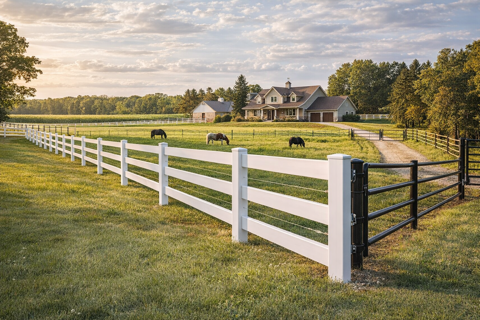 White rail fencing across a horse property